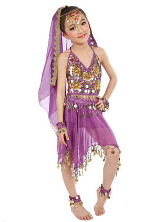 ダンス 衣装 ロイヤルブルー ベリーダンス衣装 キッズ用 社交ダンス衣装 グローブ ベール トップス スカート 女の子用 シック＆モダン マルチカラー 調節可能ストラップ シフォン