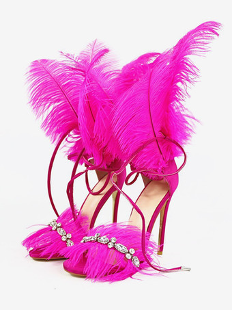 ローズレッドハイヒール サンダル ゴールド フェザー ディテール ラインストーン プロム パーティー シューズ