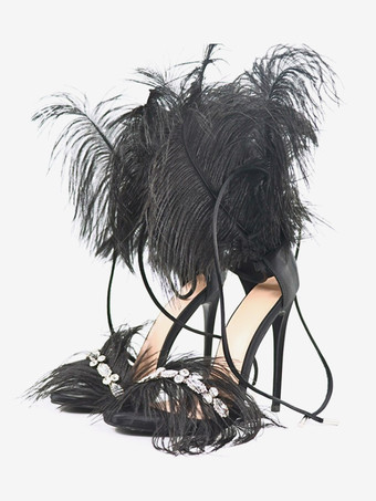 ブラック ハイヒール サンダル ゴールド フェザー ディテール ラインストーン プロム パーティー シューズ