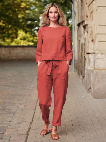 オレンジツーピース セット オレンジ ポリエステル ジュエル ネック カジュアル トップ 衣装 女性用