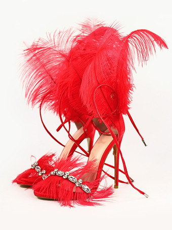 レッド ハイヒール サンダル ゴールド フェザー ディテール ラインストーン プロム パーティー シューズ