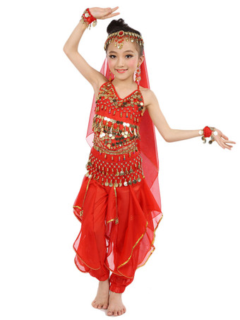 ダンス 衣装 レッド ベリーダンス衣装 キッズ用 社交ダンス衣装 グローブ 髪飾り ベール ウエストチェーン トップス パンツ 女の子用 シック＆モダン マルチカラー 調節可能ストラップ シフォン
