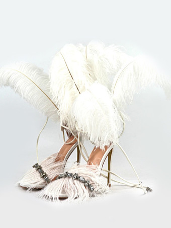 ホワイト ハイヒール サンダル ゴールド フェザー ディテール ラインストーン プロム パーティー シューズ