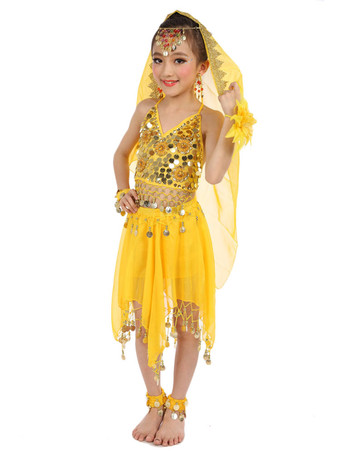 ダンス 衣装 ロイヤルブルー ベリーダンス衣装 キッズ用 社交ダンス衣装 グローブ ベール トップス スカート 女の子用 シック＆モダン マルチカラー 調節可能ストラップ シフォン