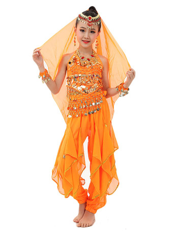 ダンス 衣装 レッド ベリーダンス衣装 キッズ用 社交ダンス衣装 グローブ 髪飾り ベール ウエストチェーン トップス パンツ 女の子用 シック＆モダン マルチカラー 調節可能ストラップ シフォン