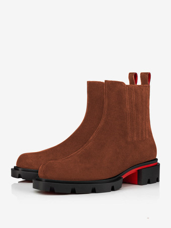 ブラウン メンズ チェルシーブーツ ブラック スエード 中央ステッチ レザー ラグソール スクエアトゥ アンクルブーツ