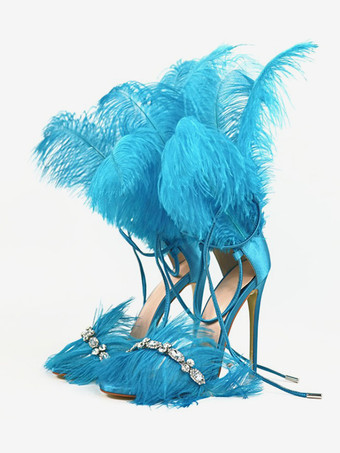 ブルー ハイヒール サンダル ゴールド フェザー ディテール ラインストーン プロム パーティー シューズ