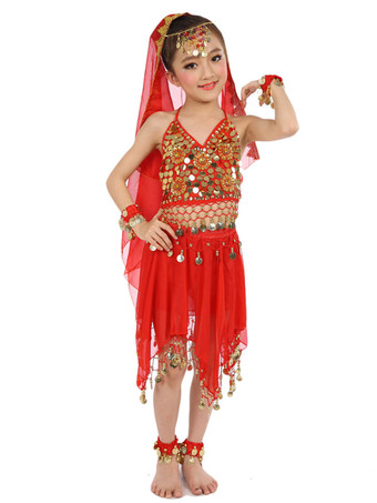 ダンス 衣装 ロイヤルブルー ベリーダンス衣装 キッズ用 社交ダンス衣装 グローブ ベール トップス スカート 女の子用 シック＆モダン マルチカラー 調節可能ストラップ シフォン