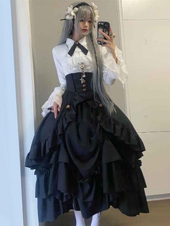 ゴスロリ SK フリル ジャガード ロリータ ロングスカート スカート ブラック