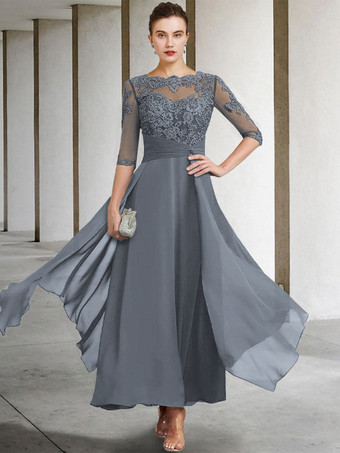 スレートグレー 母のドレス ジュエルネック ノースリーブ Aライン レース くるぶし丈 ゲストドレス 結婚式用 自由なカスタマイズ