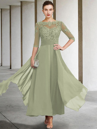 パステルグリーン母のドレス ジュエルネック ノースリーブ Aライン レース くるぶし丈 ゲストドレス 結婚式用 自由なカスタマイズ