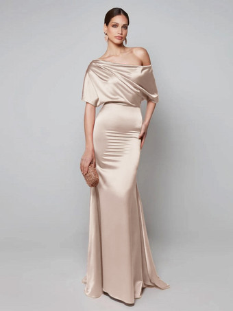 シャンパンパーティードレス 花嫁の母用 ワンショルダー 半袖 Aライン ゲストドレス 結婚式用