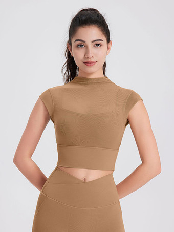 ライトブラウンスポーティなトップス ラウンドネック キャップスリーブ アウトドア レディース アクティブウェア 無地