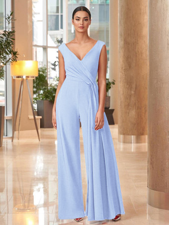 ベビーブルーマザードレス Vネック ノースリーブ ジャンプスーツ プリーツ マキシレングス 結婚式のゲストドレス