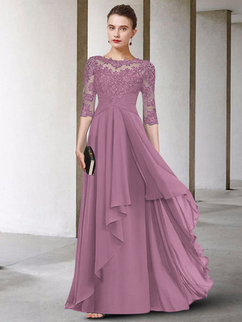 パープル 母のドレス ジュエルネック ハーフスリーブ Aライン レース マキシレングス ゲストドレス 結婚式用 自由なカスタマイズ