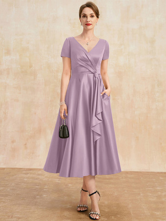 ライラックマザードレス Vネック 半袖 Aライン プリーツ ゲストドレス 結婚式用