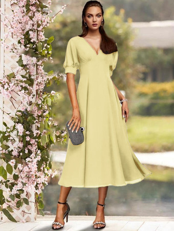 JonquilleRobe de soirée pour la mère de la mariée col en V manches courtes A-ligne plissé thé longueur robes d'invité de mariage personnalisation gratuite