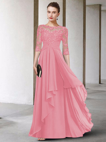 ソフトピンク母のドレス ジュエルネック ハーフスリーブ Aライン レース マキシレングス ゲストドレス 結婚式用 自由なカスタマイズ