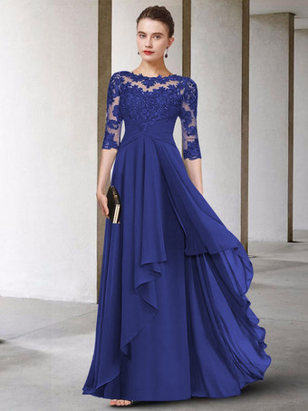 ロイヤルブルー母のドレス ジュエルネック ハーフスリーブ Aライン レース マキシレングス ゲストドレス 結婚式用 自由なカスタマイズ