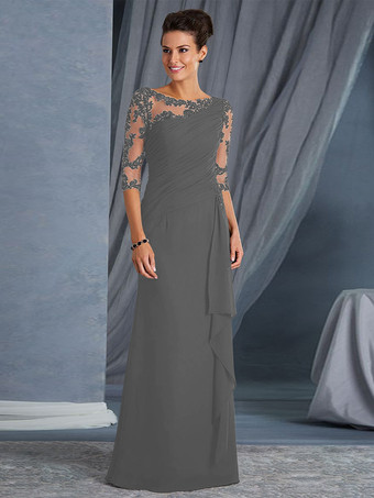 ライトグレー花嫁のマザードレスジュエルネック3/4レングススリーブシースプリーツボディコンロングウェディングゲストドレス