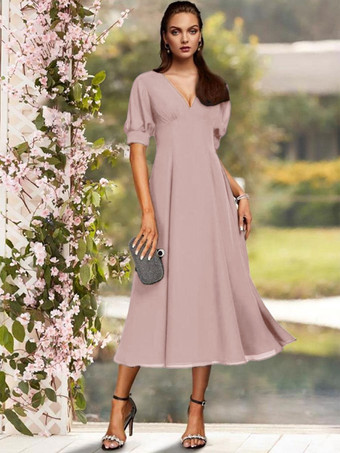 lotus roseRobe de soirée pour la mère de la mariée col en V manches courtes A-ligne plissé thé longueur robes d'invité de mariage personnalisation gratuite