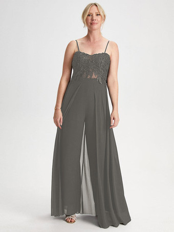 ダークグレー ブライダルマザードレス 恋人ネック ノースリーブ ジャンプスーツ レース 結婚式のゲストドレス