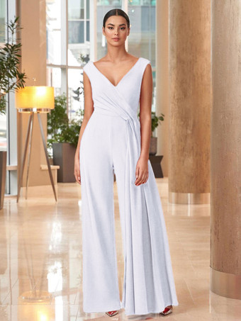 ホワイトマザードレス Vネック ノースリーブ ジャンプスーツ プリーツ マキシレングス 結婚式のゲストドレス