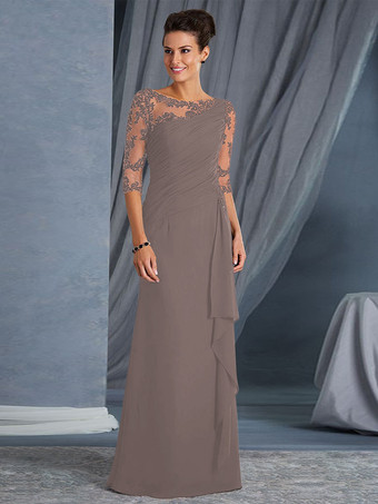 モグラ色花嫁のマザードレスジュエルネック3/4レングススリーブシースプリーツボディコンロングウェディングゲストドレス