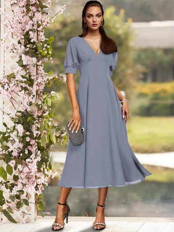 Gris bleuRobe de soirée pour la mère de la mariée col en V manches courtes A-ligne plissé thé longueur robes d'invité de mariage personnalisation gratuite