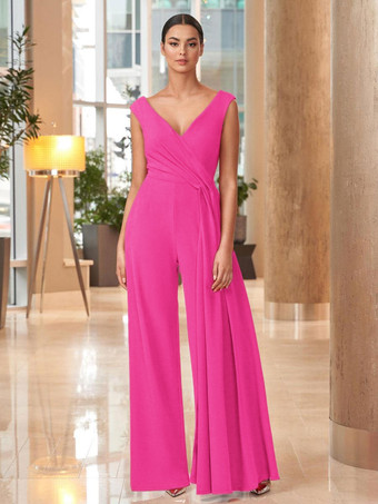 バービーマザードレス Vネック ノースリーブ ジャンプスーツ プリーツ マキシレングス 結婚式のゲストドレス