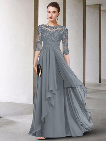 グレイ母のドレス ジュエルネック ハーフスリーブ Aライン レース マキシレングス ゲストドレス 結婚式用 自由なカスタマイズ