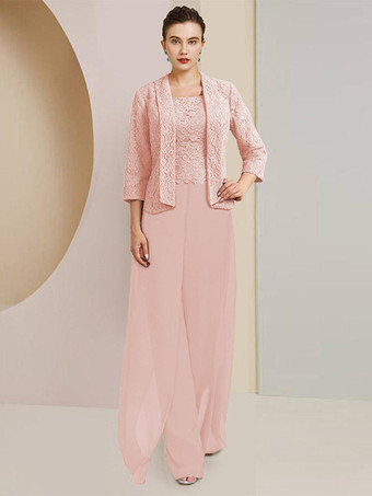 ソフトピンクパーティードレス 花嫁の母用 ジュエルネック 7/4丈 袖 ツーピース レース 結婚式のゲストドレス