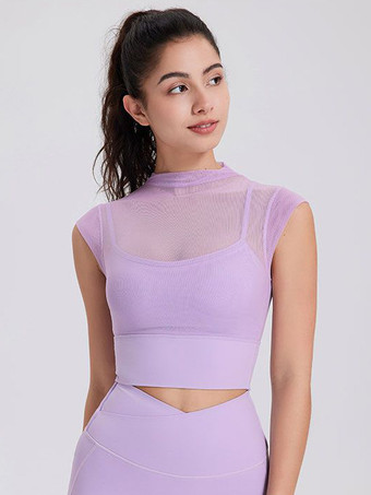 ラベンダーカラースポーティなトップス ラウンドネック キャップスリーブ アウトドア レディース アクティブウェア 無地