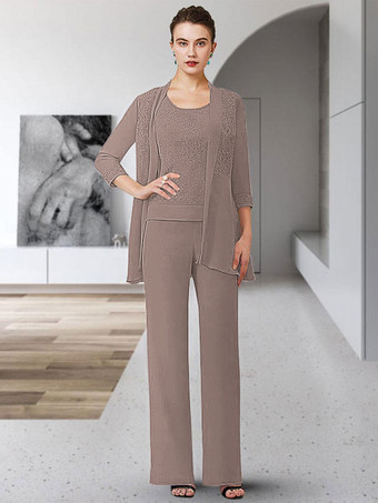 モグラ色パーティードレス花嫁の母のためのジュエルネック七分袖シースレース床長さのゲストドレス結婚式のための