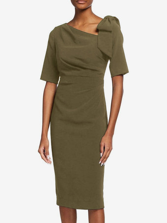 Vert Olive Robe de mère de mariée robe d'invitée de mariage décolleté demi manches au genou