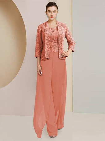 ブリックレッドパーティードレス 花嫁の母用 ジュエルネック 7/4丈 袖 ツーピース レース 結婚式のゲストドレス