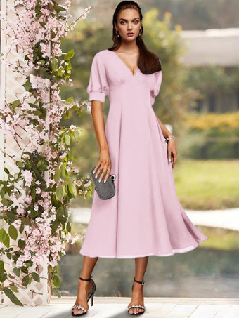 Pale RoseRobe de soirée pour la mère de la mariée col en V manches courtes A-ligne plissé thé longueur robes d'invité de mariage personnalisation gratuite