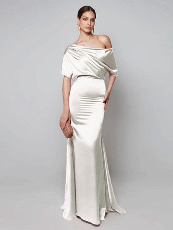 アイボリーパーティードレス 花嫁の母用 ワンショルダー 半袖 Aライン ゲストドレス 結婚式用