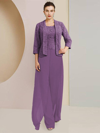 プラムパーティードレス 花嫁の母用 ジュエルネック 7/4丈 袖 ツーピース レース 結婚式のゲストドレス