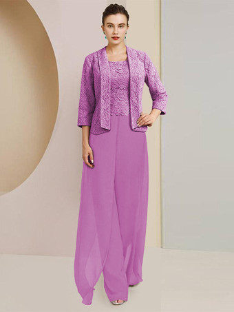 パープル パーティードレス 花嫁の母用 ジュエルネック 7/4丈 袖 ツーピース レース 結婚式のゲストドレス