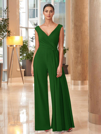 グリーン マザードレス Vネック ノースリーブ ジャンプスーツ プリーツ マキシレングス 結婚式のゲストドレス