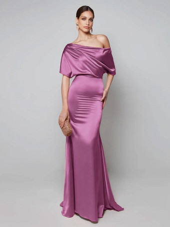 パープル パーティードレス 花嫁の母用 ワンショルダー 半袖 Aライン ゲストドレス 結婚式用