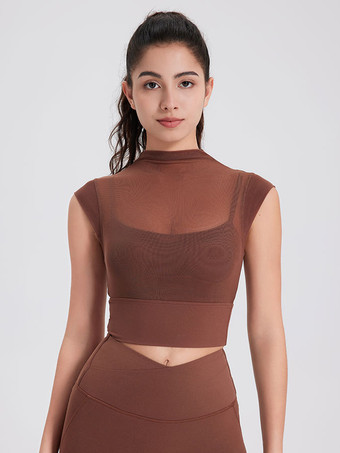 ブラウン スポーティなトップス ラウンドネック キャップスリーブ アウトドア レディース アクティブウェア 無地