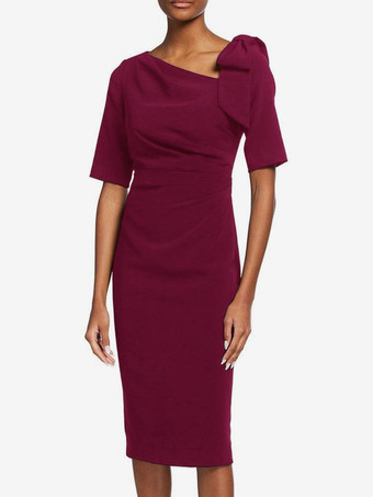 Bordeaux Robe de mère de mariée robe d'invitée de mariage décolleté demi manches au genou