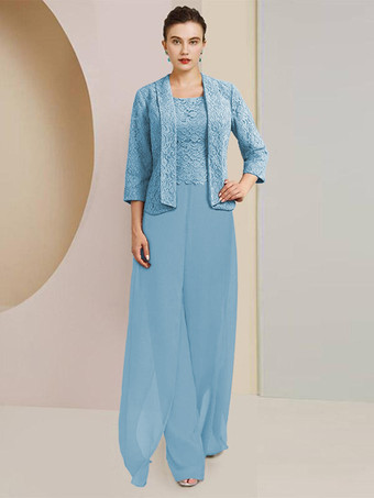 ベビーブルーパーティードレス 花嫁の母用 ジュエルネック 7/4丈 袖 ツーピース レース 結婚式のゲストドレス