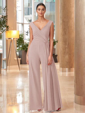 サーモンピンクマザードレス Vネック ノースリーブ ジャンプスーツ プリーツ マキシレングス 結婚式のゲストドレス