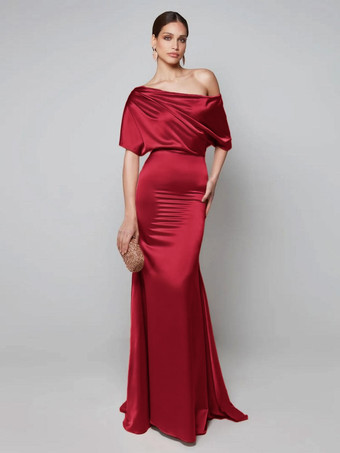 バーガンディーパーティードレス 花嫁の母用 ワンショルダー 半袖 Aライン ゲストドレス 結婚式用