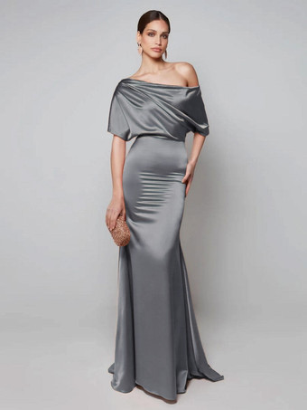 ライトグレー パーティードレス 花嫁の母用 ワンショルダー 半袖 Aライン ゲストドレス 結婚式用