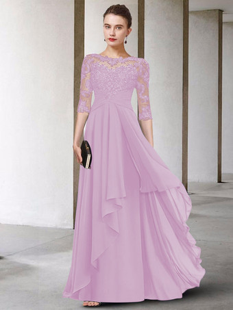 ライラック母のドレス ジュエルネック ハーフスリーブ Aライン レース マキシレングス ゲストドレス 結婚式用 自由なカスタマイズ