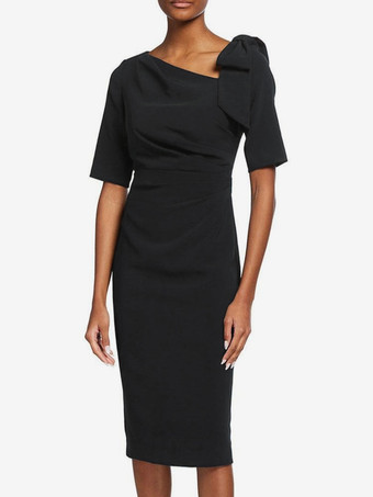 NoirRobe de mère de mariée robe d'invitée de mariage décolleté demi manches au genou